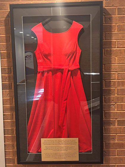 Photo of a red dress mounted in a dark framed display with golden plaque. 